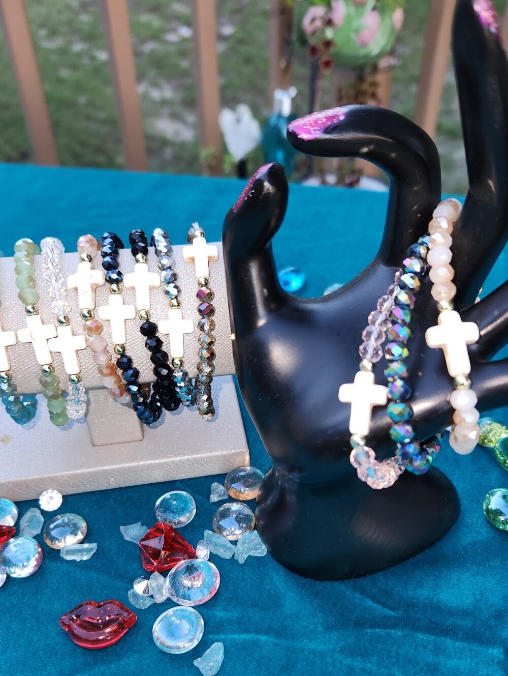 Beaded Cross Stretch Bracelet - White Cross, Multicolor Beads Your Choice - Picture 2 of 8